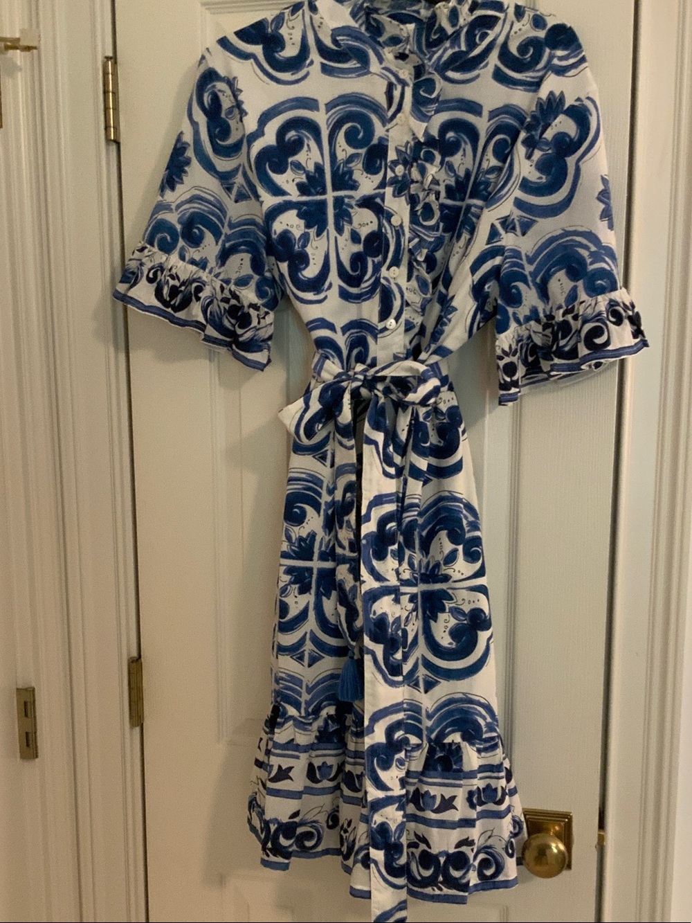 Uncle Frank Blue and White Printed Tie-Waist Casual Dress